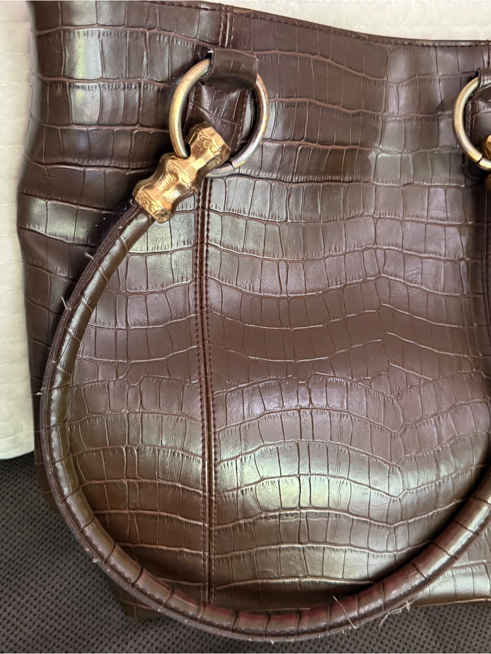 Bueno Brown Croc-Embossed Leather Tote Bag with Gold Hardware